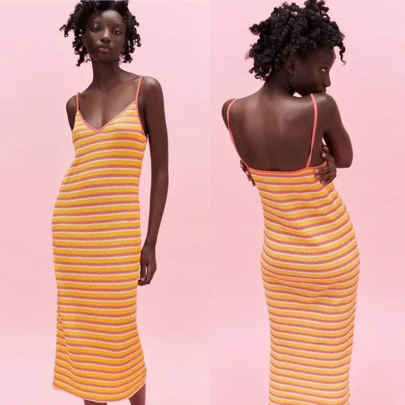 Zara | Dresses | Nwt Zara Orange Yellow Striped Jacquard Crochet Knit Midi  Dress Size Large | Poshmark